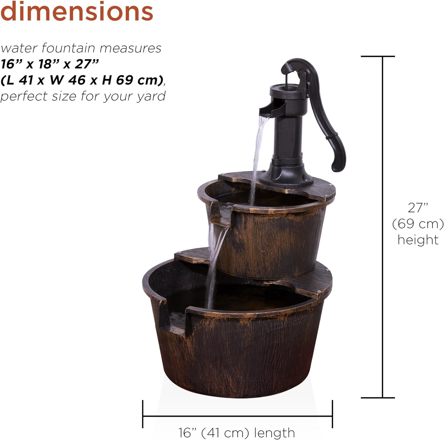 Alpine Corporation 27" Tall Rustic Outdoor 2-Tier Barrel Pump Water Fountain with Soothing Cascading Water Flow for Patio, Yard, Porch, or Landscape, Bronze