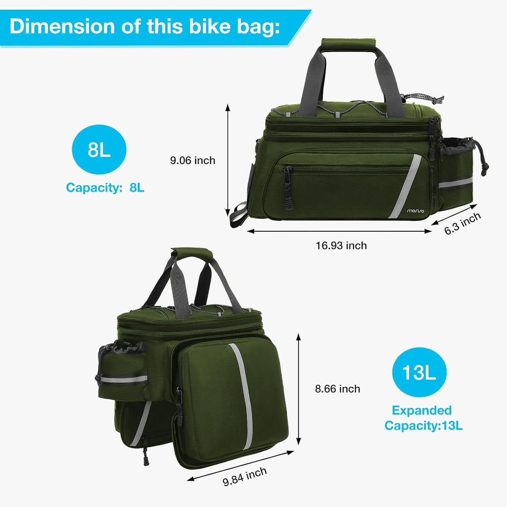 MOSISO Bike Rack Bag with Rain Cover, Bike Trunk Cooler Handag,Army Green | Insulated Bicycle Rear Seat Pouch with 2 Side Foldable Panniers, 8L Cycling Backseat Storage Cargo Saddle Shoulder Bag