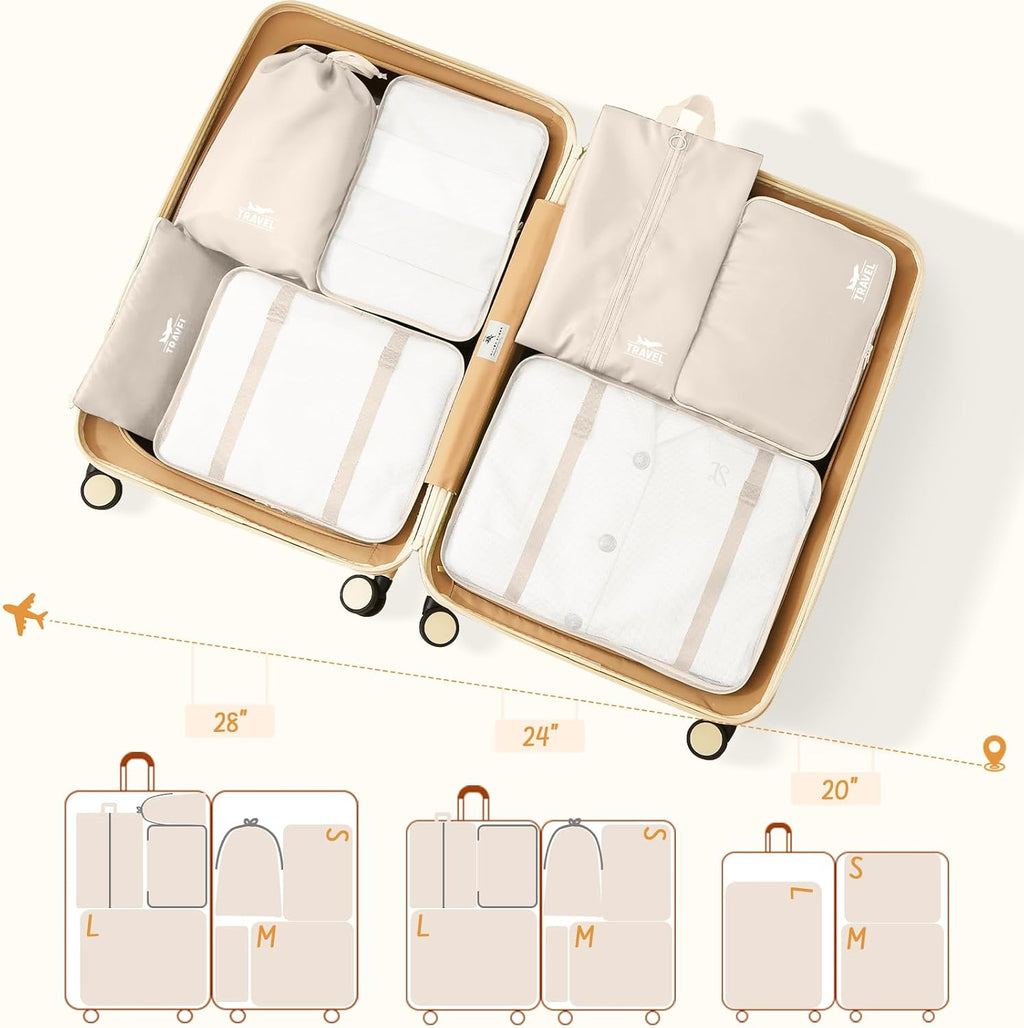 9 Set Packing Cubes for Travel Essentials - Lightweight Carry-On Luggage Organizer Bags with Shoe, Clothes & Laundry Bags for Airplane, Family & Business Travel, Beige