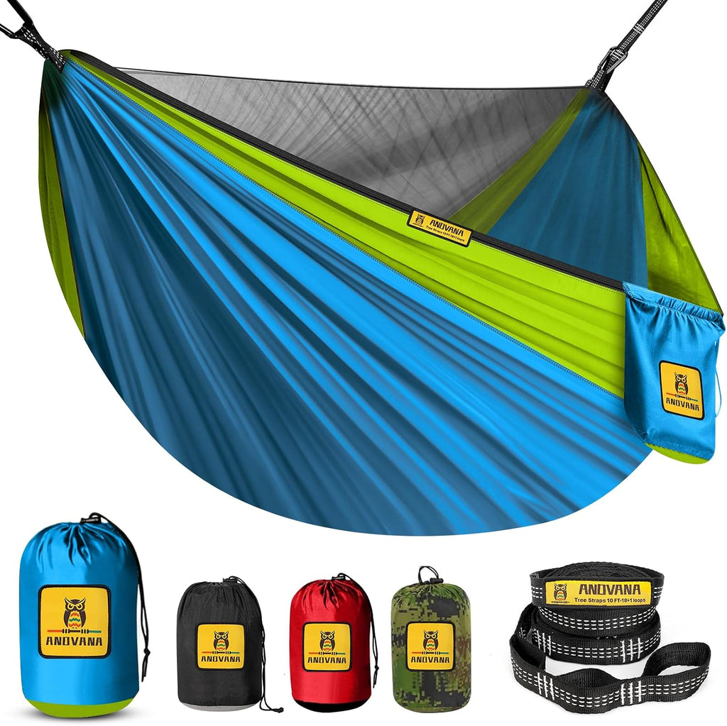 Small Camping Hammock with Mosquito Net, 450 lbs Portable Hammock with Tree Straps, 2-in-1 Double/Single Travel Hammocks, Hammock for Outside/Indoor/Backpacking/Beach - Lake Blue & Green