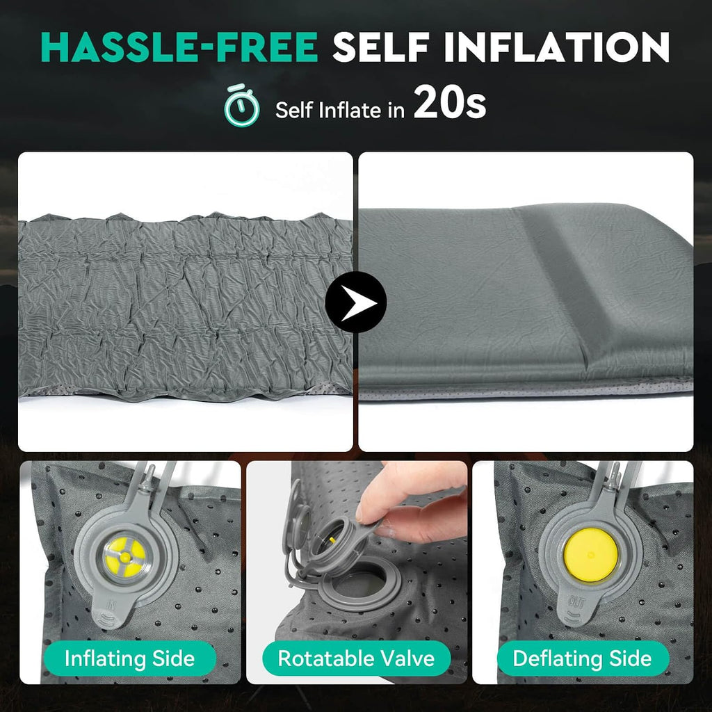 Hikenture Self Inflating Sleeping Pad for Camping, 3'' Ultra Thick Camping Pad with Pillow, 9.5 R-Value Insulated Camping Mattress, 4-Season Inflatable Foam Camping Mat for Car, Tent, Cot