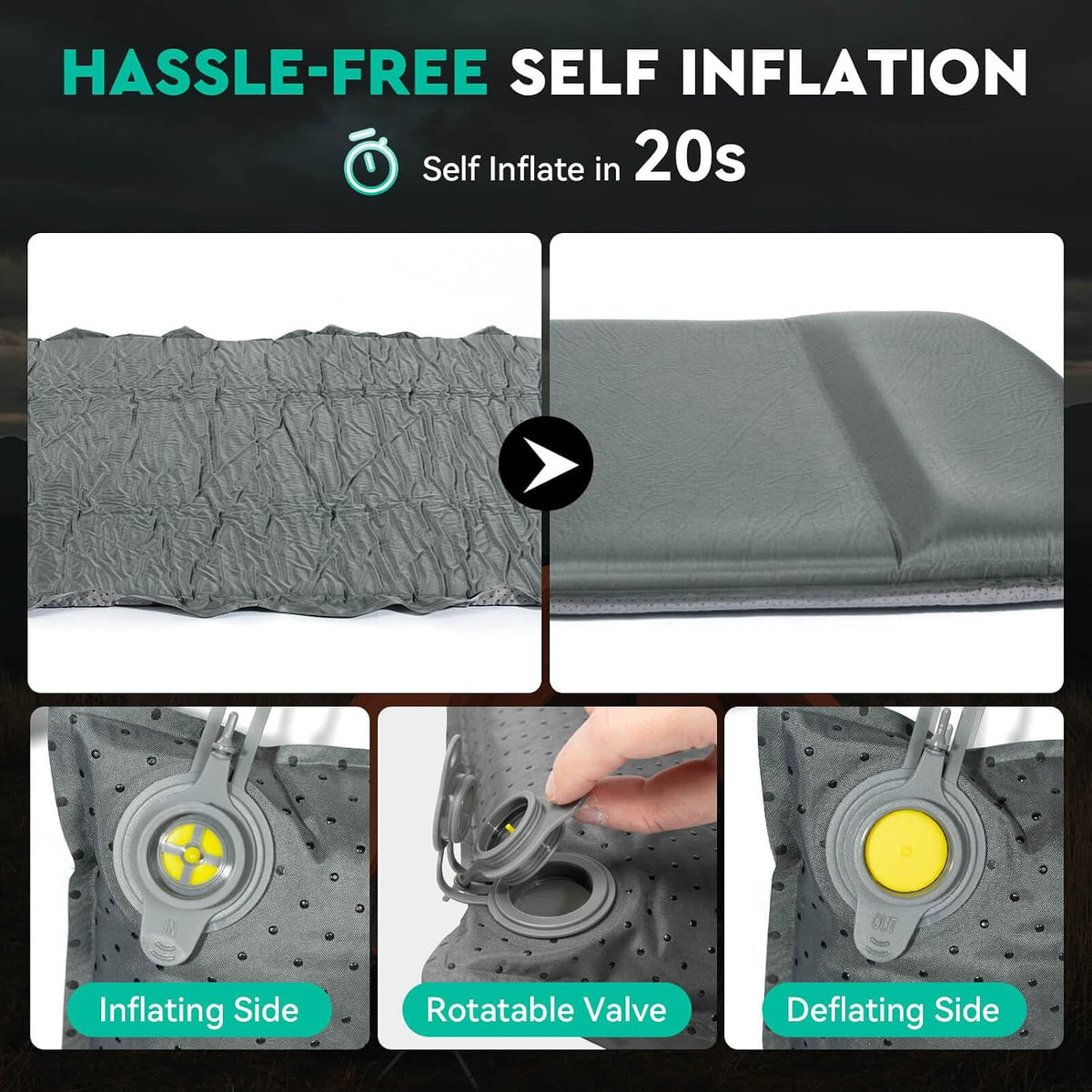 Hikenture Self Inflating Sleeping Pad for Camping, 3'' Ultra Thick Camping Pad with Pillow, 9.5 R-Value Insulated Camping Mattress, 4-Season Inflatable Foam Camping Mat for Car, Tent, Cot