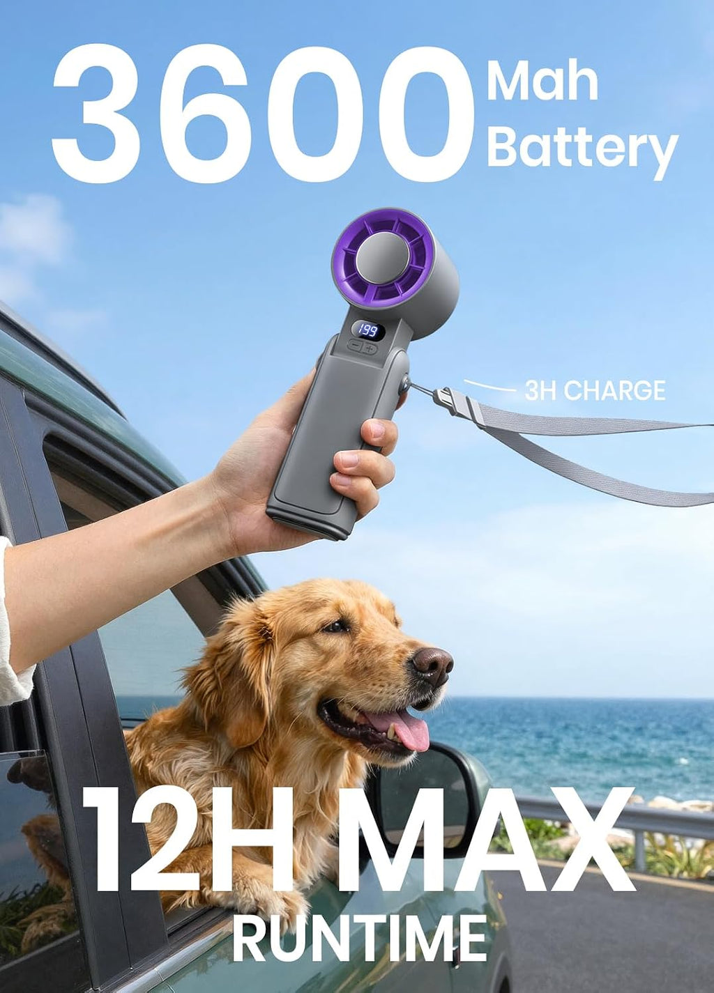 Portable Handheld Turbo Fan, 1-199 Speed Adjustable, Grey Purple