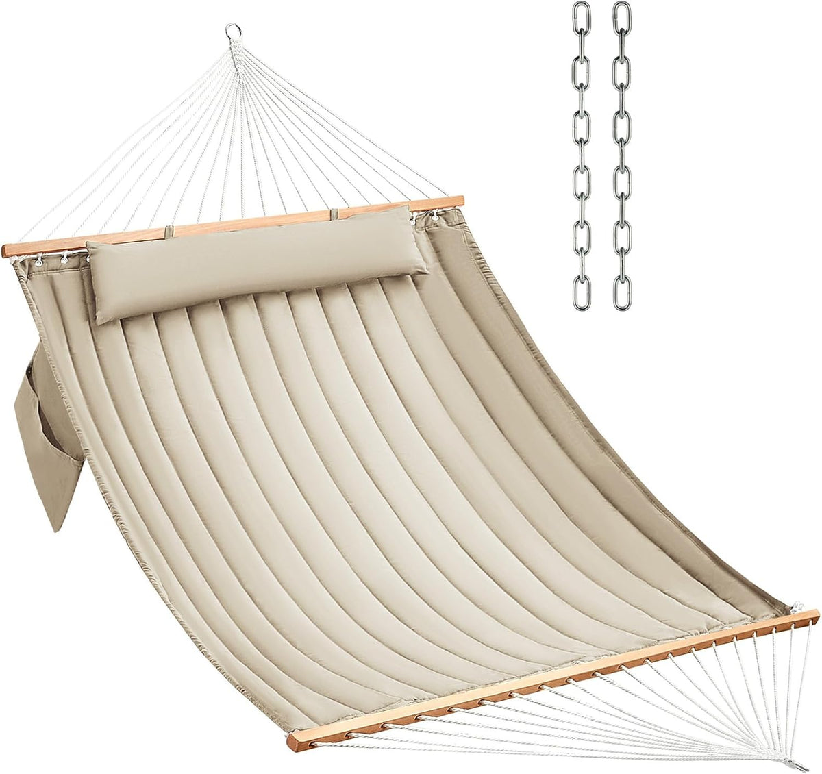 CHULIM Double Quilted Fabric Hammock with Hardwood Spreader Bars and Pillow 450 LBS Capacity 2 Person Large Hammock for Outdoor Patio Backyard Poolside - Green