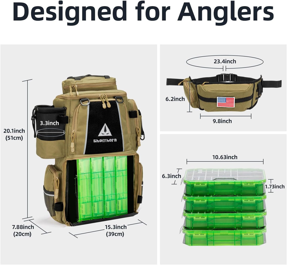 Ghosthorn 43L Fishing Tackle Backpack with 4 Tackle Boxes & Rod Holder