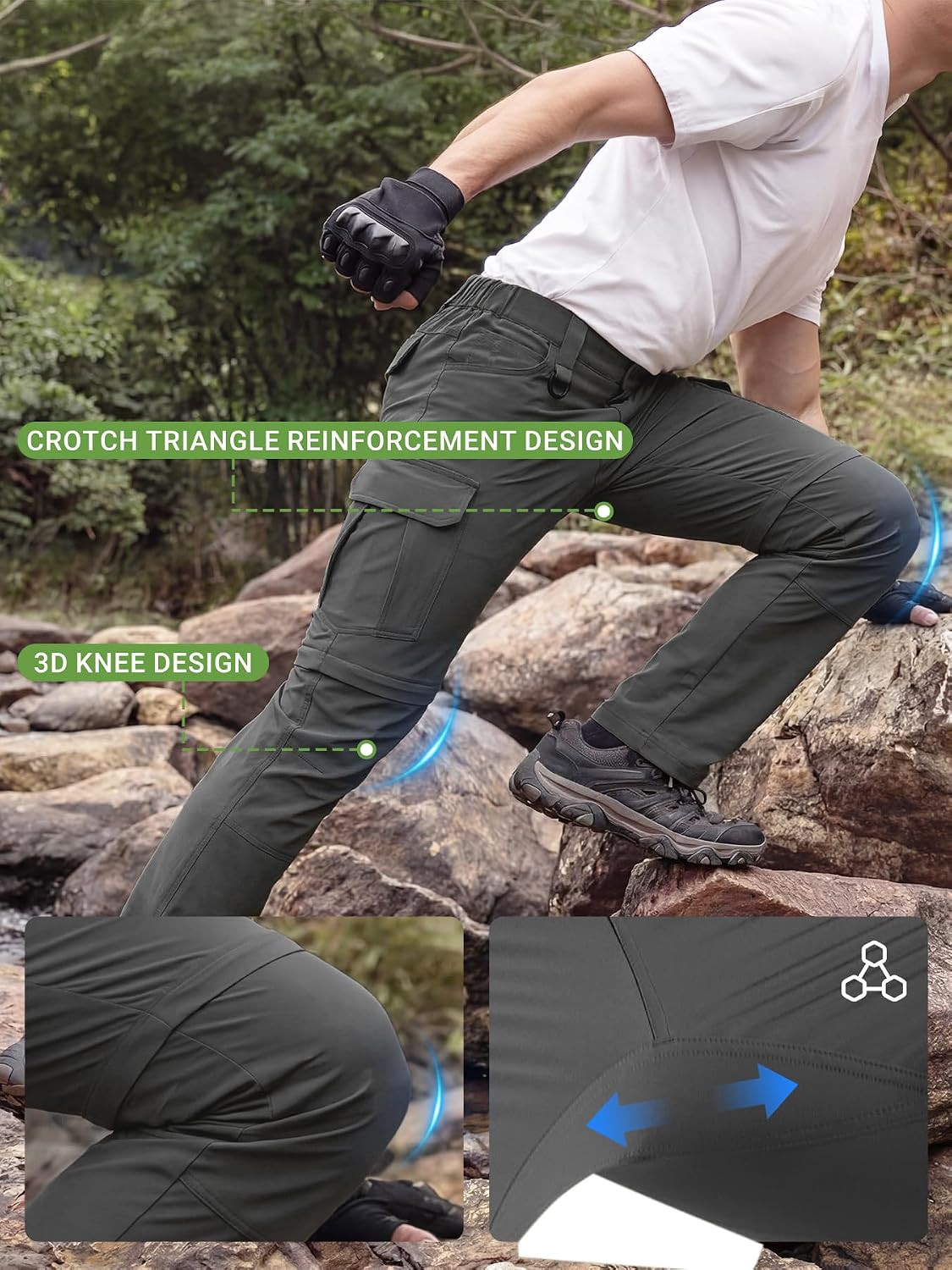 Men's Convertible Hiking Pants with 7 Pockets, Zip-Off Quick-Dry