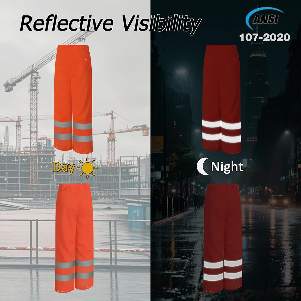 Hi Vis Rain Pants for Men, Safety Work Rain Gear, Orange, L-XL