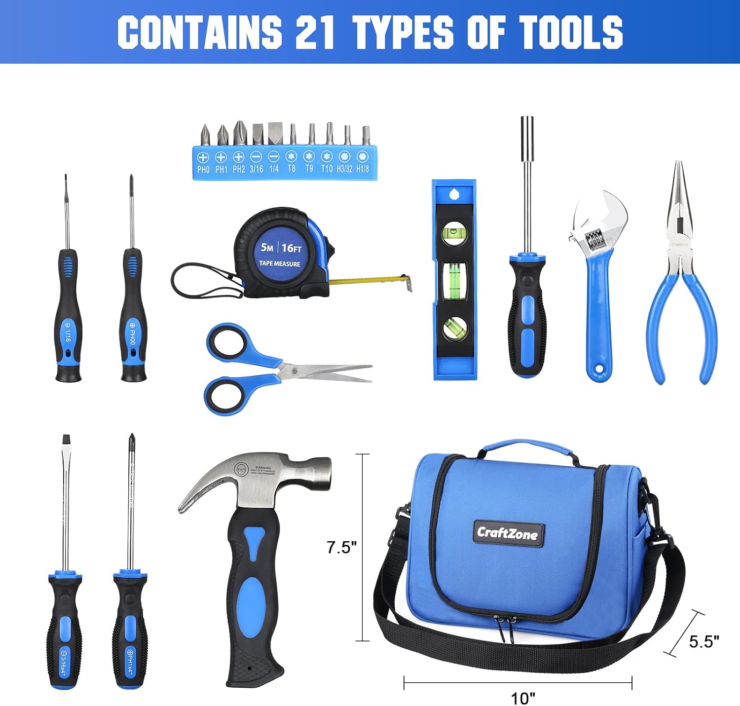 Blue Tool Set | Tool Bag with Shoulder Strap|Basic Tool Kit | 21-Piece Basic Household Hand Tool Kit | Home Repair Tool Set Bag for Dorm|Office|DIY|Desk|Apartment