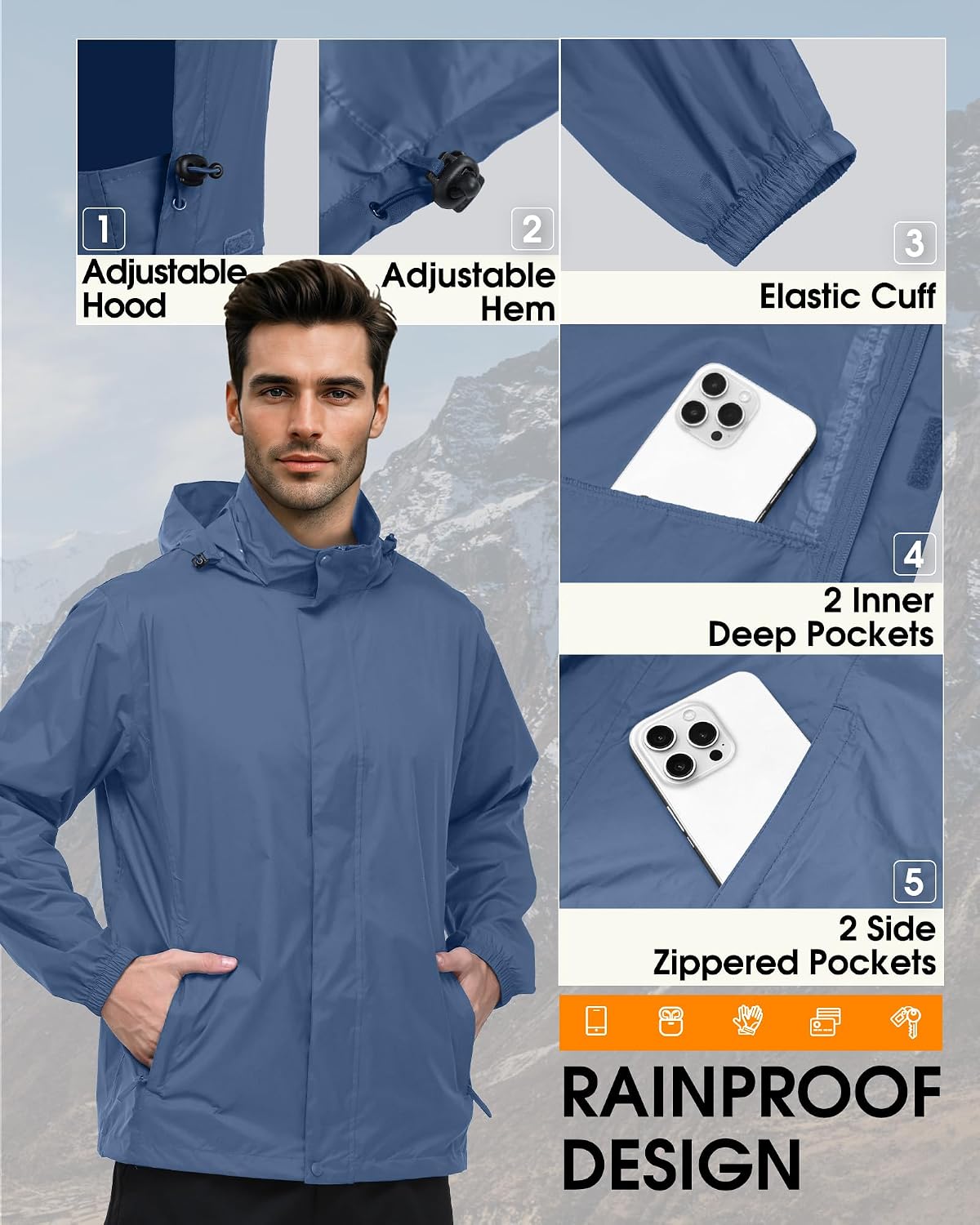 Outdoor Ventures Men's Rain Jacket Waterproof Lightweight Packable Raincoat
