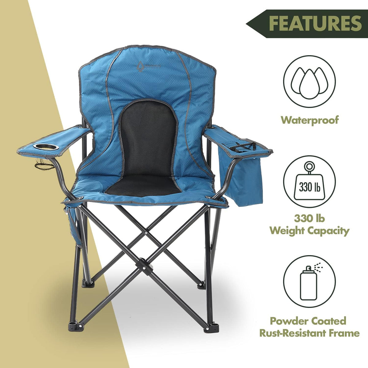 Arrowhead Outdoor Portable Folding Camping Quad Chair w/ 4-Can Cooler, Cup-Holder, Heavy-Duty Carrying Bag w/Easy Carry Shoulder Strap, Padded Armrests, Supports up to 330lbs, USA-Based Support