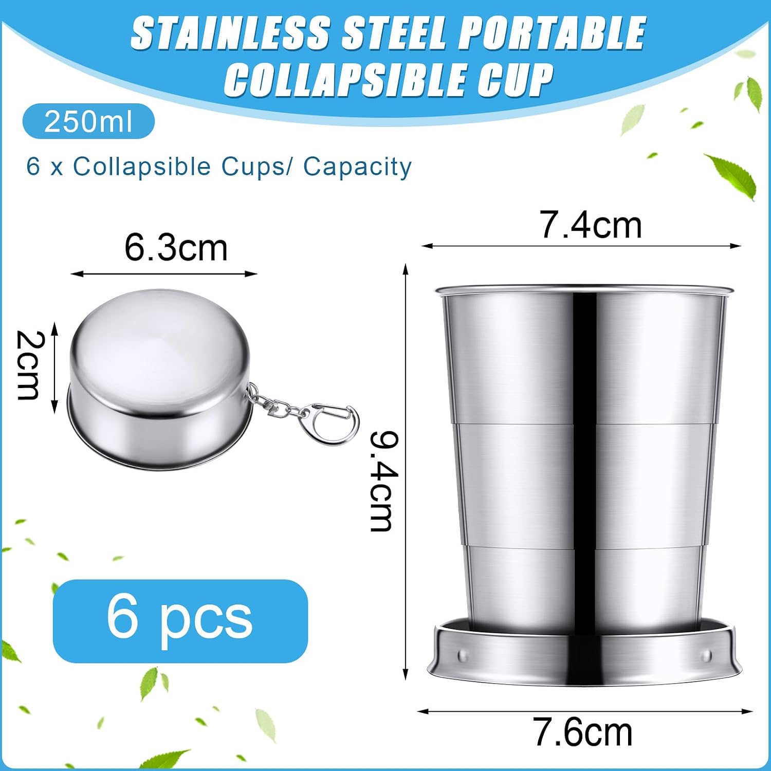 Tessco for you 6 Pieces Collapsible Shot Glasses Stainless Steel Collapsible Cup Reusable Portable Travel Folding Cup with Lid and Keychain for Camping Hiking Cycling (8.5 oz)