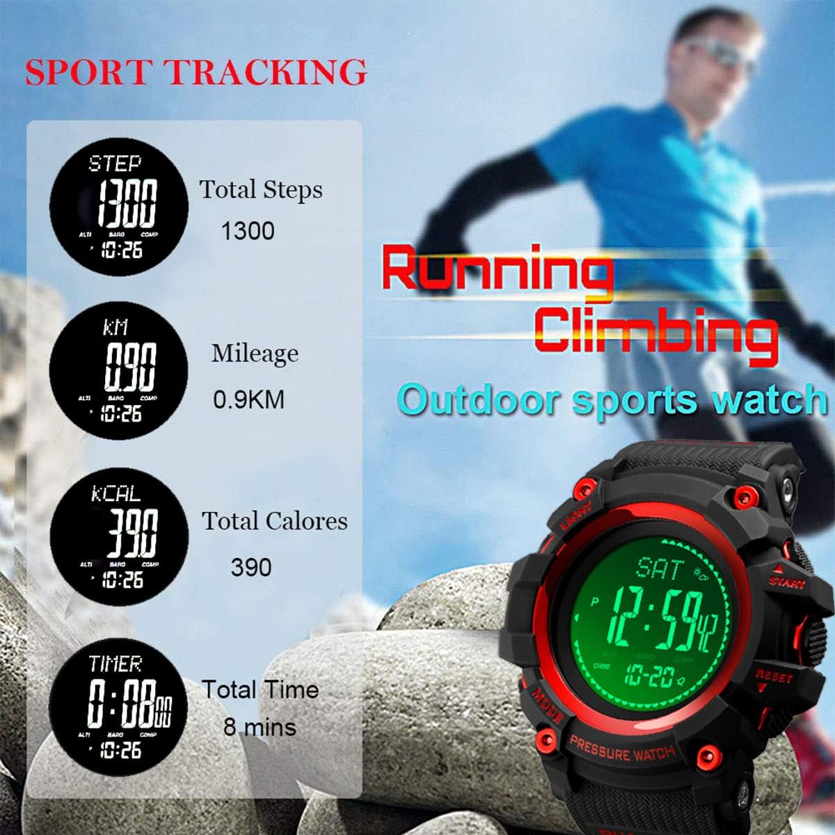Watch Compass, Altimeter Barometer Thermometer Temperature, Pedometer, Military Army Waterproof Outdoors Sport Digital Watch for Men