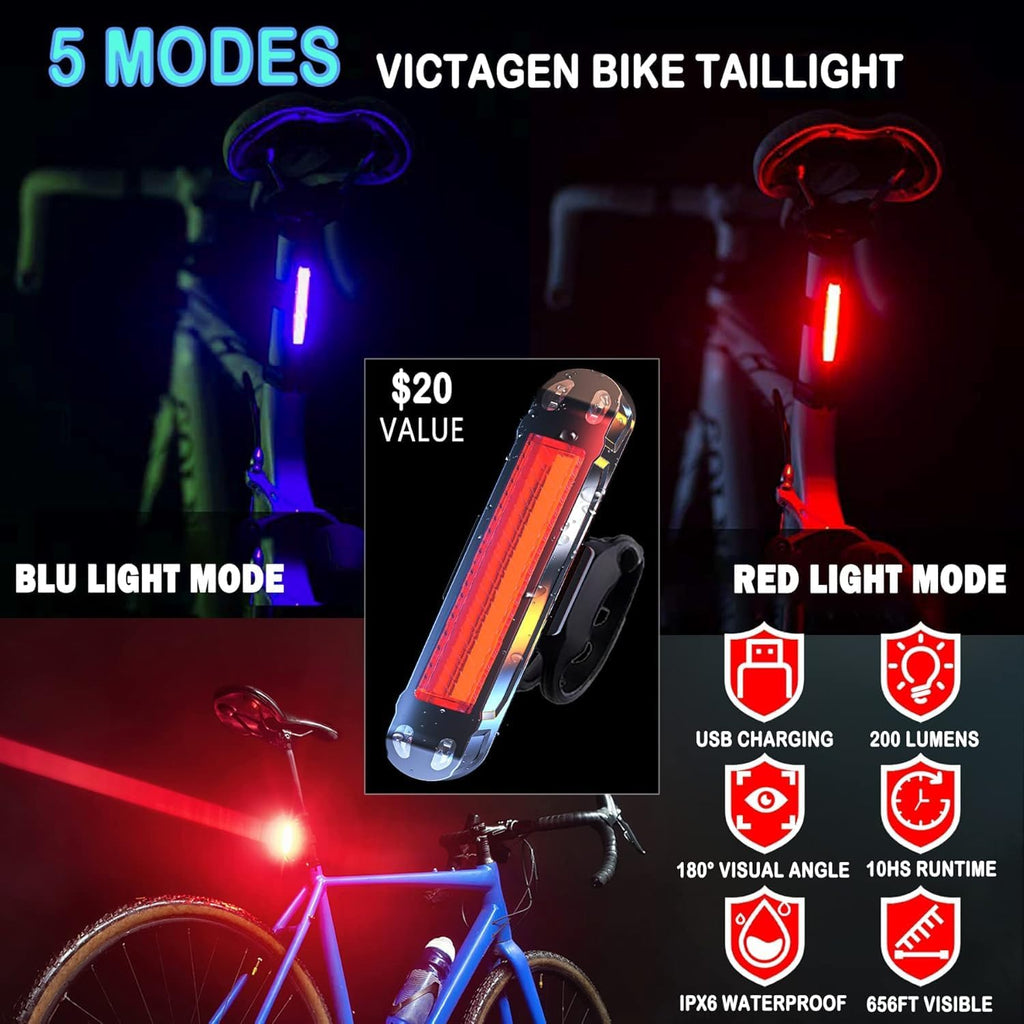 Victagen Super Bright Bike Lights 8000Lm for Night Riding, Super Bright 3 LED Lights for Bike/Bicycle Headlight with High Beam & Low Beam TypeC Rechargeable, Free Taillights