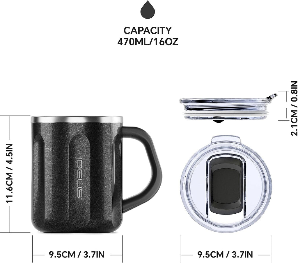 Ideus 16 oz Insulated Coffee Mug with Lid and Handle (Storm Black)