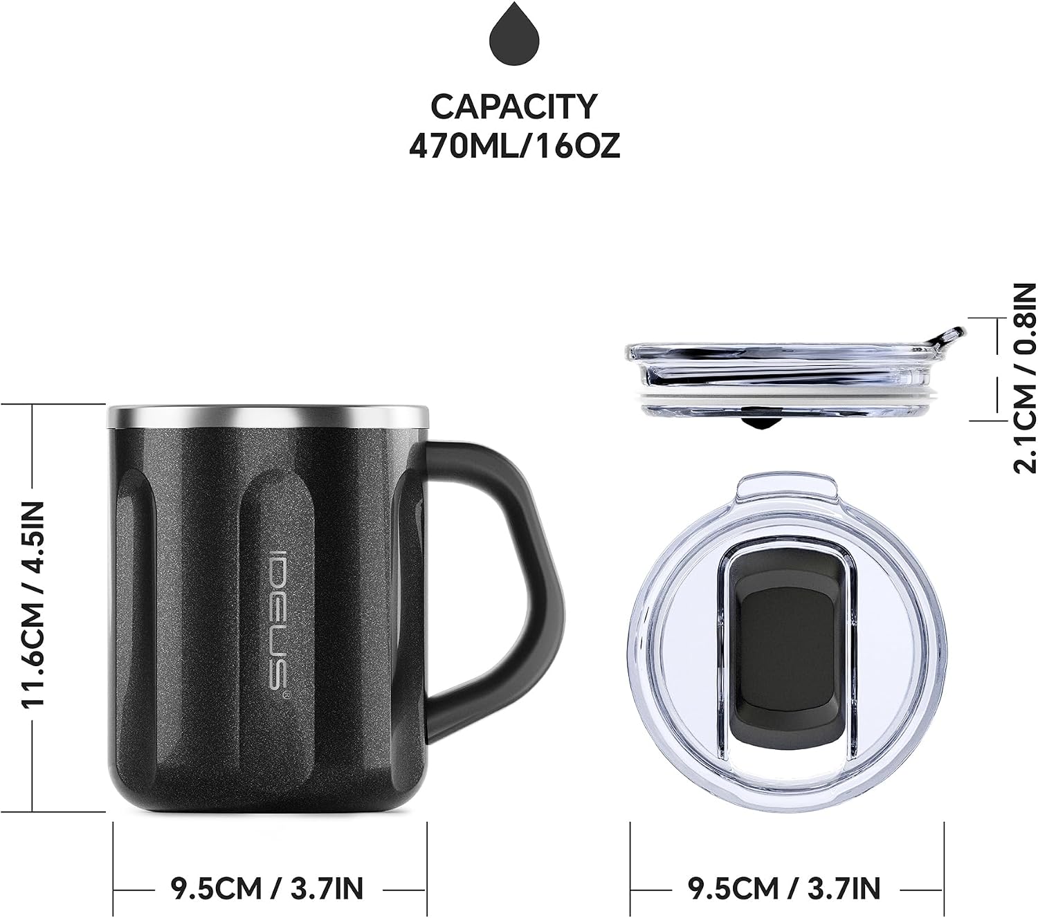 Ideus 16 oz Insulated Coffee Mug with Lid and Handle (Storm Black)