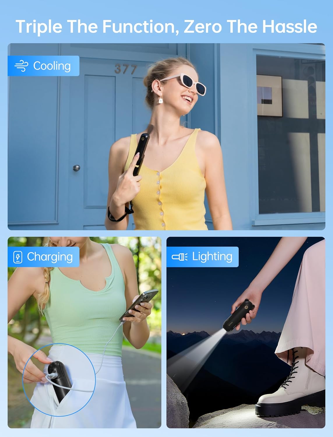 JISULIFE 3 IN 1 Portable Fan with Power Bank & Flashlight Featured | 19H Max Cooling, USB Rechargeable, Pocket-Sized Handheld Fan for Travel, Cruise, Concerts, Makeup, Summer Gifts for Women