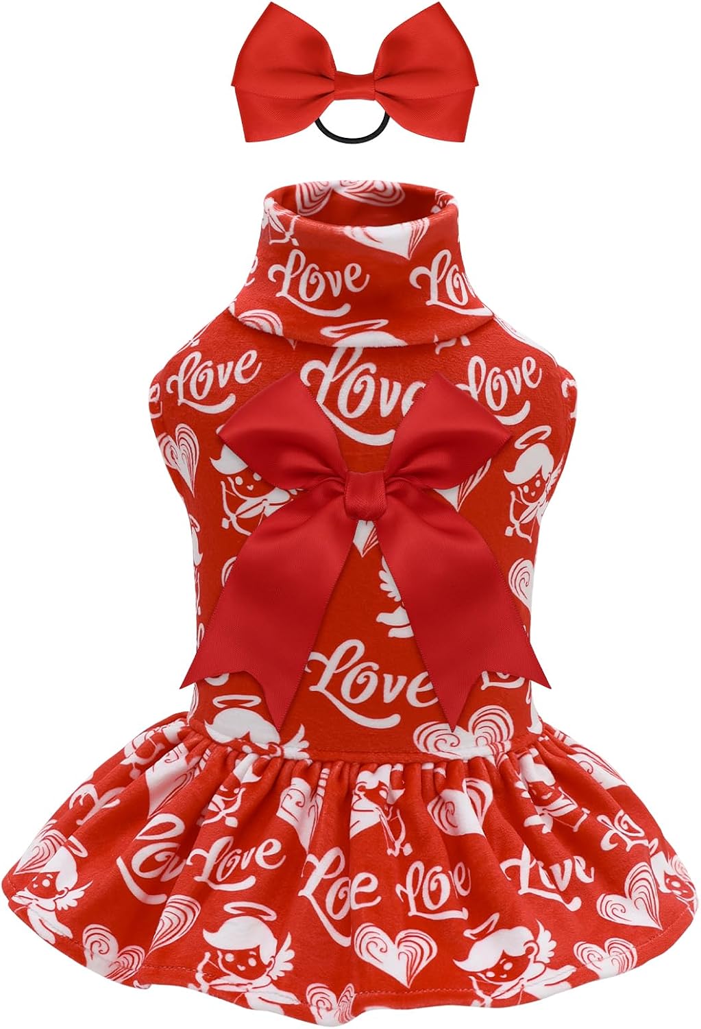 CuteBone Turtleneck Dog Velvet Dress Valentine's Day Puppy Skirt Costume Pet Clothes Cat Apparel with Bow Hair Rope for Small Dogs CVD19S