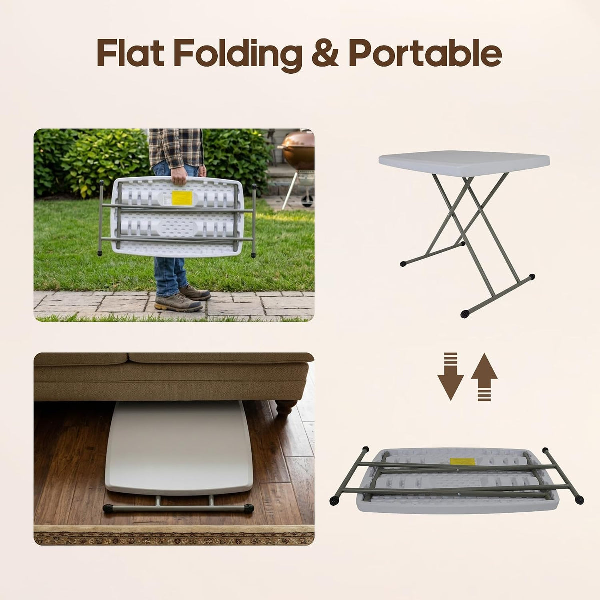 30 Inch Folding Table, 5-Level Height Adjustable TV Tray for Small Spaces, HDPE Tabletop Small Folding Table Portable for Laptop, Dining, Camping, 200 lbs Weight Capacity, No Assembly