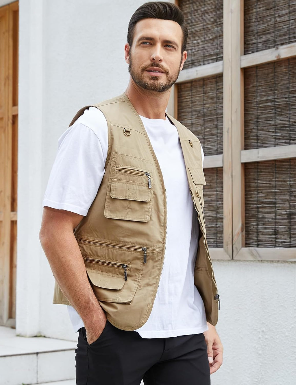 Gihuo Men's Fishing Vest Utility Safari Travel Vest with Pockets Outdoor Work Photo Cargo Fly Summer Vest