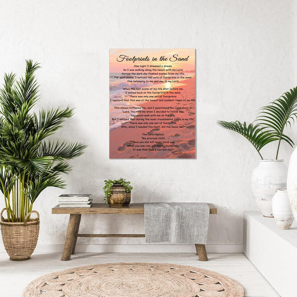 Footprints In The Sand Wall Art Religious Poem Poster Jesus Christian Print Retro Canvas Motivational Quotes Painting Pictures Home Decor Framed 8 * 12 Inch