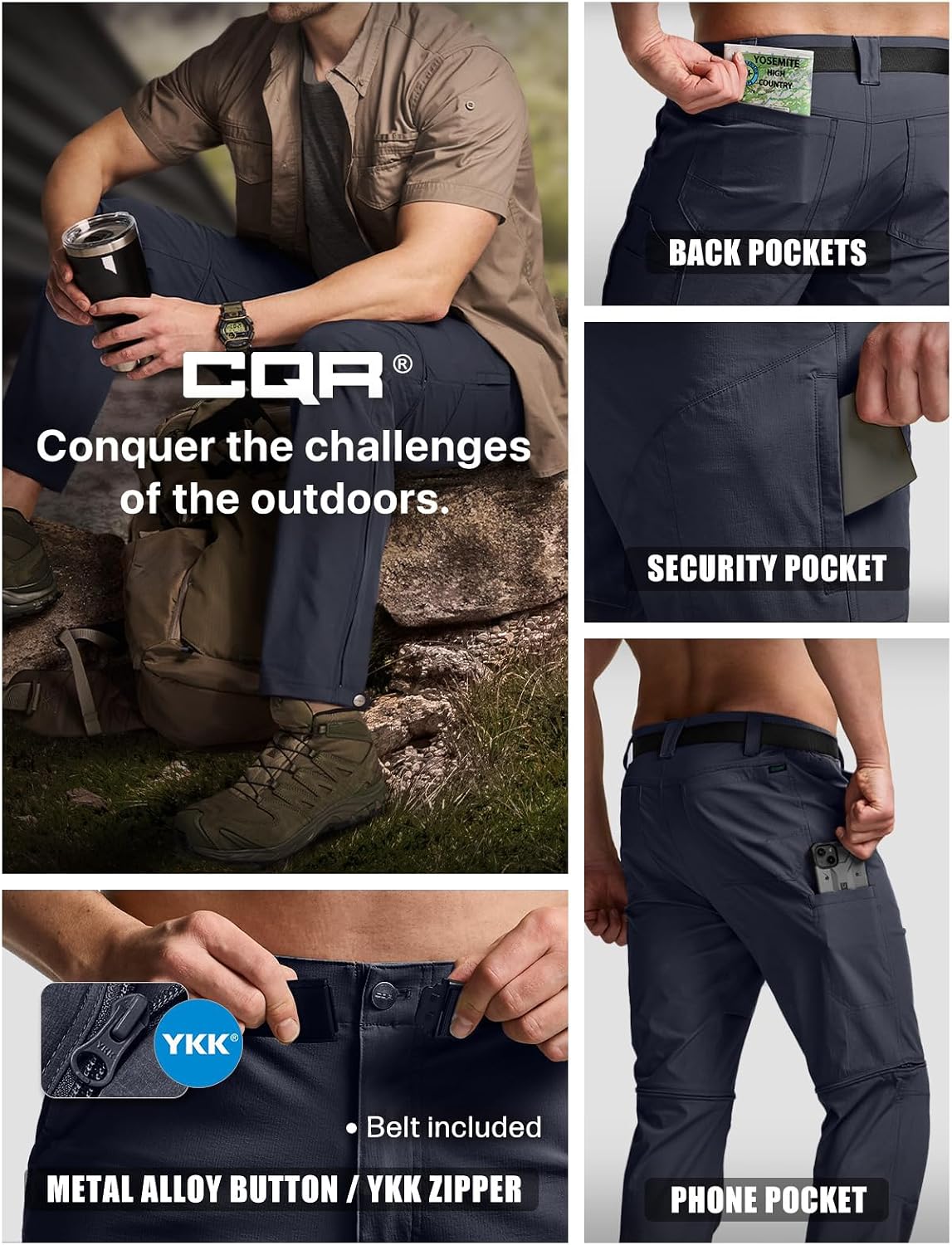CQR Men's Convertible Cargo Tactical Pants, Water Resistant Outdoor Hiking Pants, Zip Off Lightweight Stretch Work Pants