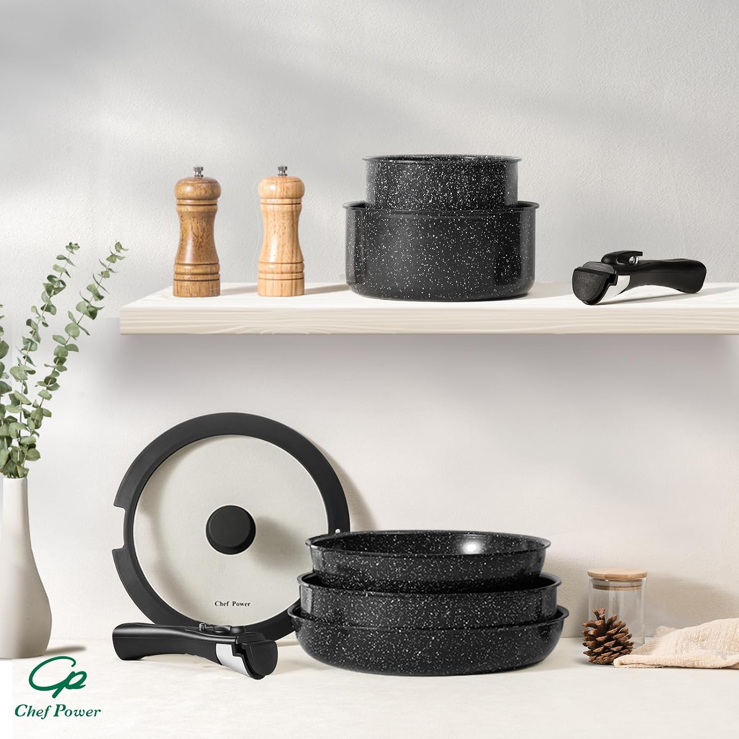 Chef Power Ceramic Cookware Set, 19 PCS Detachable Non Stick Pots and Pans
