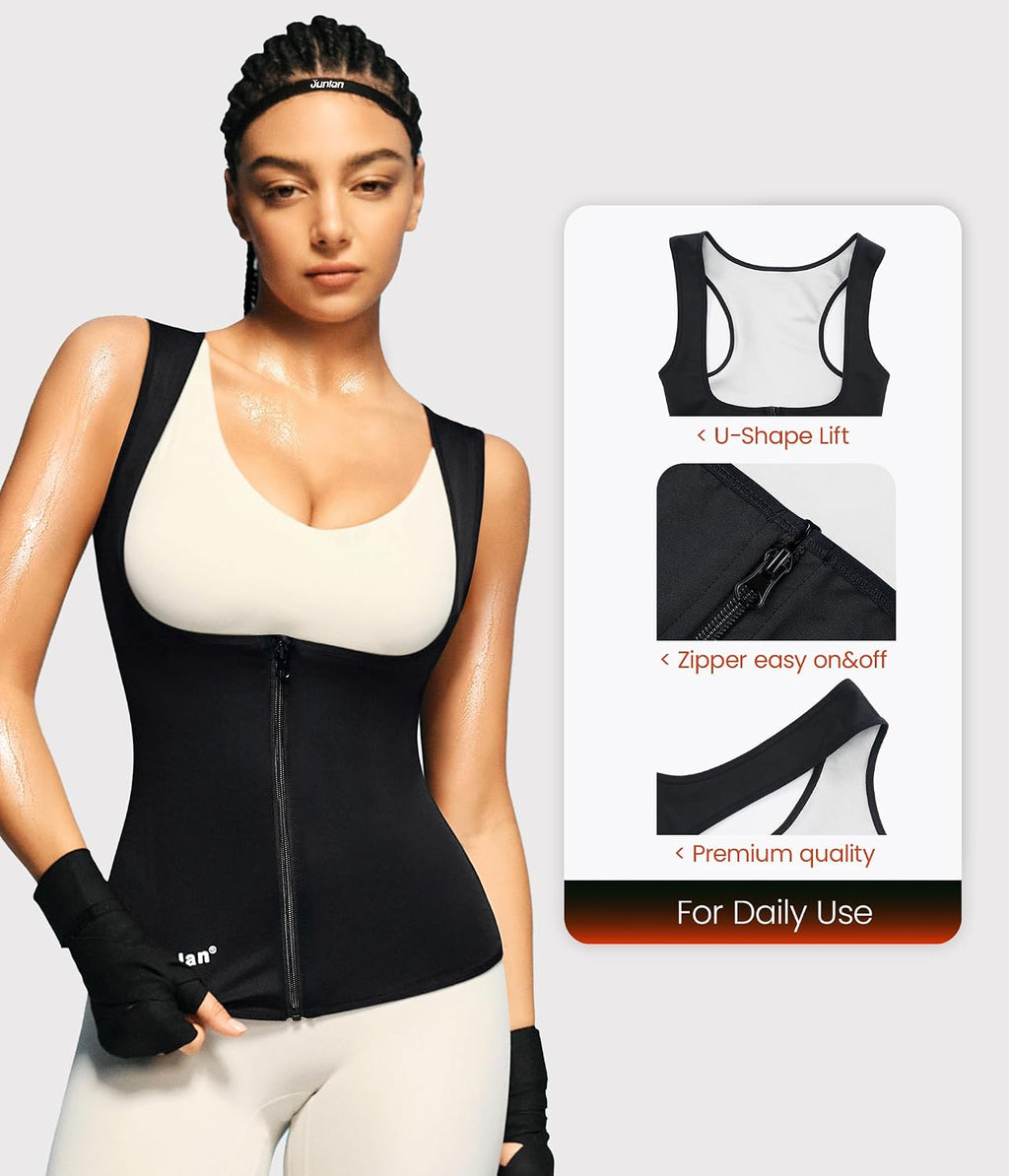 Junlan Sauna Suit Vest Waist Trainer for Women Zipper Sweat Tank Top Shaper