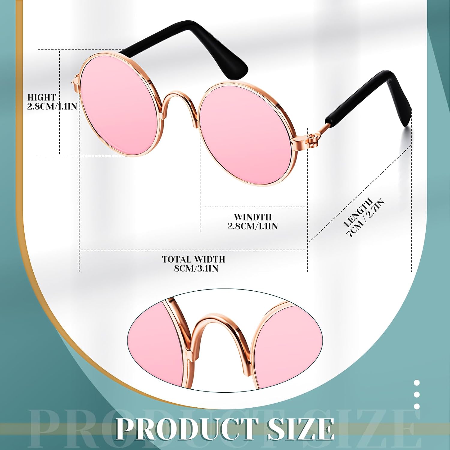 Xuniea 2 Pieces Cat Dog Chain Collar and Sunglasses Set Rhinestone Necklace with Secure Buckle Round Glasses for Doll Cat Dog Pet Accessories(10 Inch,Rose Gold, Pink)