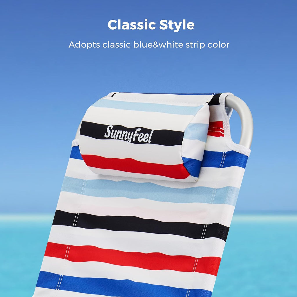SUNNYFEEL Portable Beach Chair, Folding Low Back Beach Chair, Lightweight Camp Chair with Reclining Position, Backpack Lounger for Beach, Camping, Lawn, Outdoor, Red Blue White Striped, 2 Pack