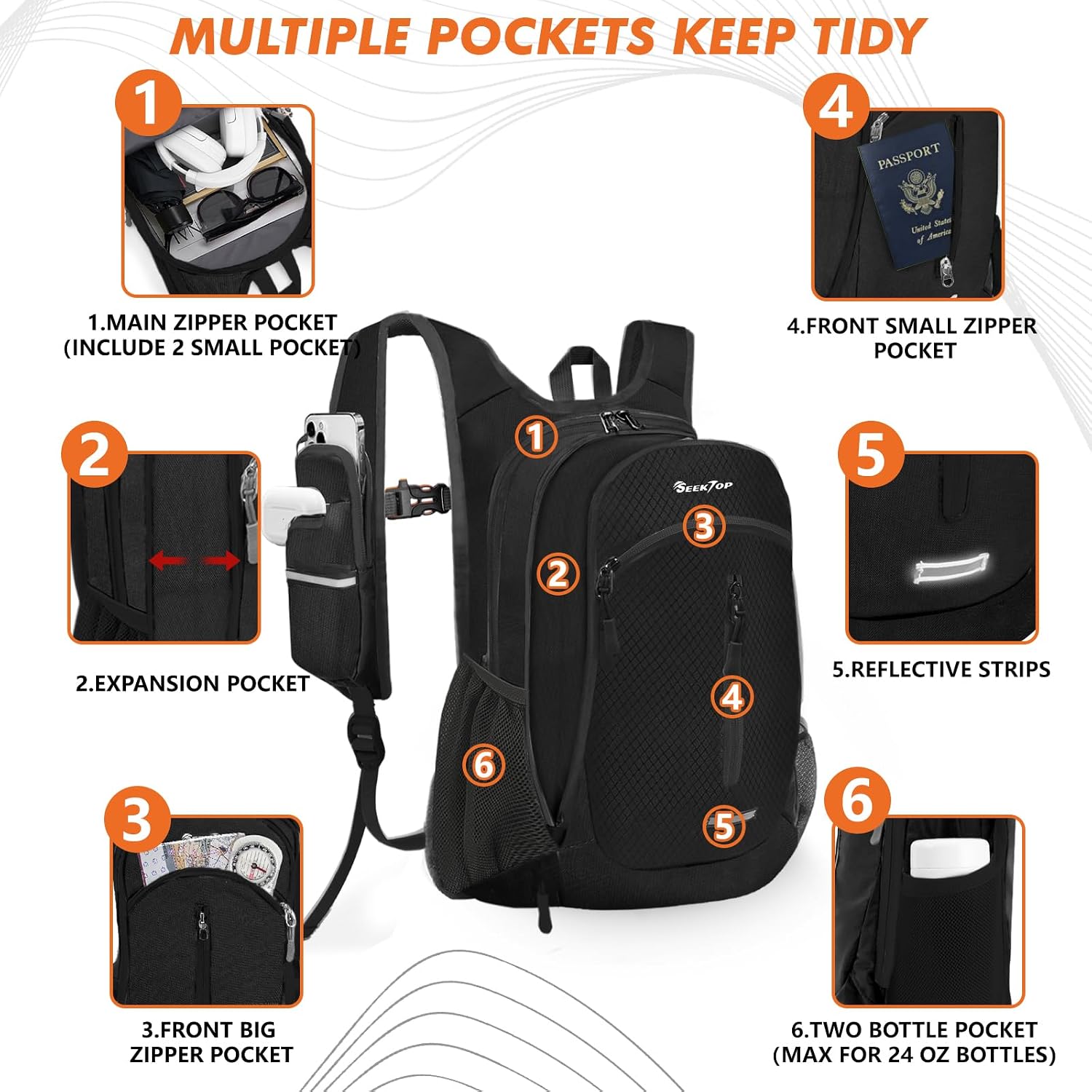 Seektop Small Hiking Backpack Expandable 12L-16L