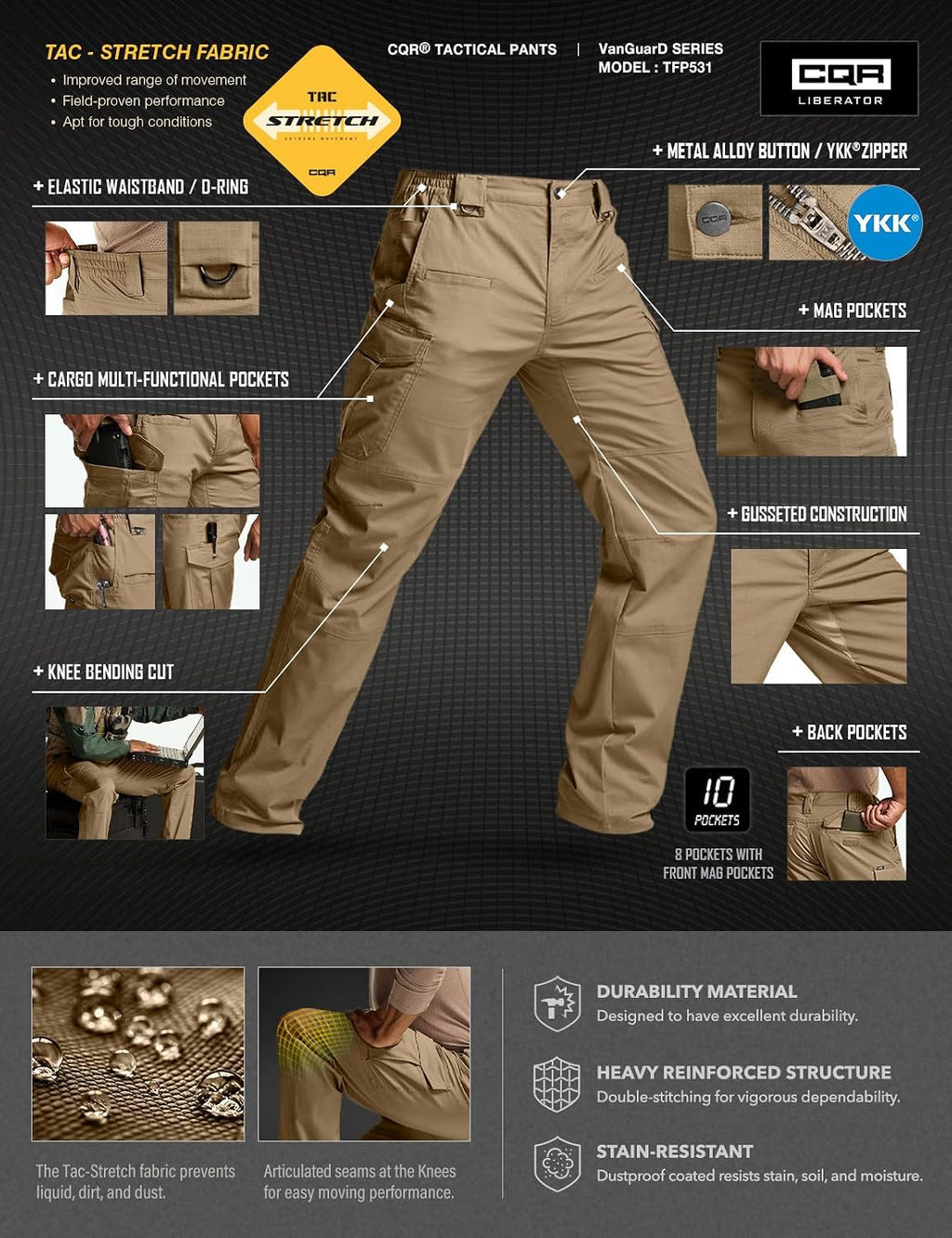 CQR Men's Flex Stretch Tactical Pants, Water Resistant Ripstop Cargo Pants, Lightweight EDC Outdoor Work Hiking Pants