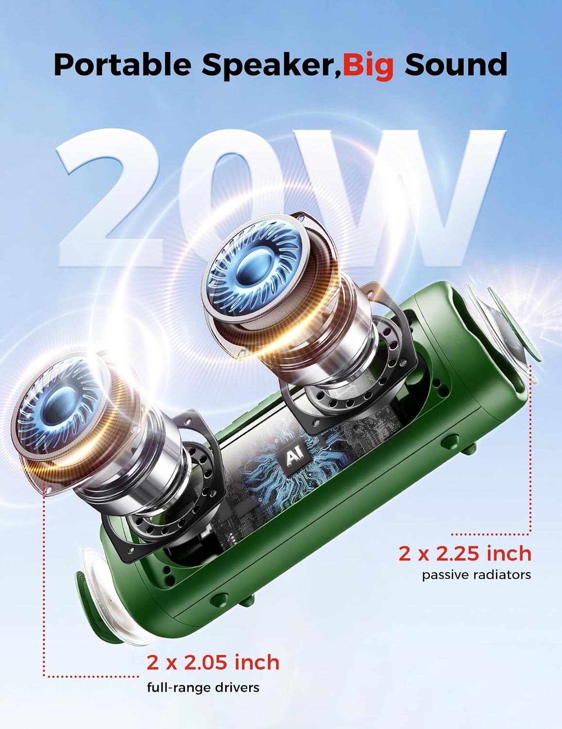 Bluetooth Speaker, 20W HD Sound, Portable Wireless, IPX5 Waterproof, Up to 24H Playtime, TWS Pairing, for Home/Party/Outdoor/Camping/Beach Essentials, Electronic Gadgets, Birthday Gift (Green)