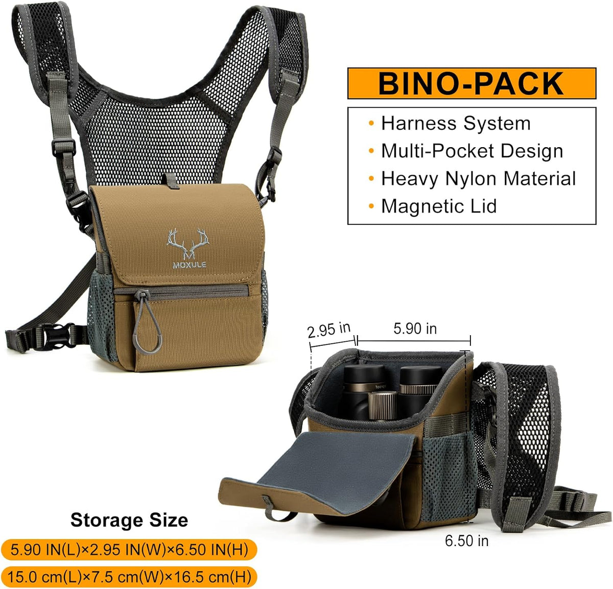 MOXULE Binocular Harness Chest Pack: Bino Case, Magnetic Lid, Rain Cover