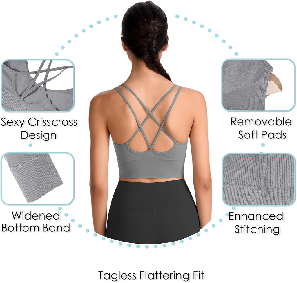 Women's Cross Back Sport Bras, Padded Strappy Seamless Low Impact 3-5 Pack