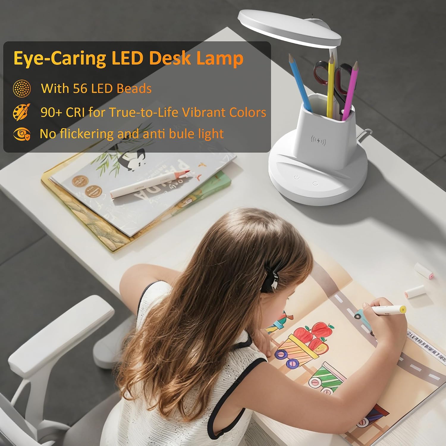 LED Desk Lamp with Wireless Charger for Home Office, White