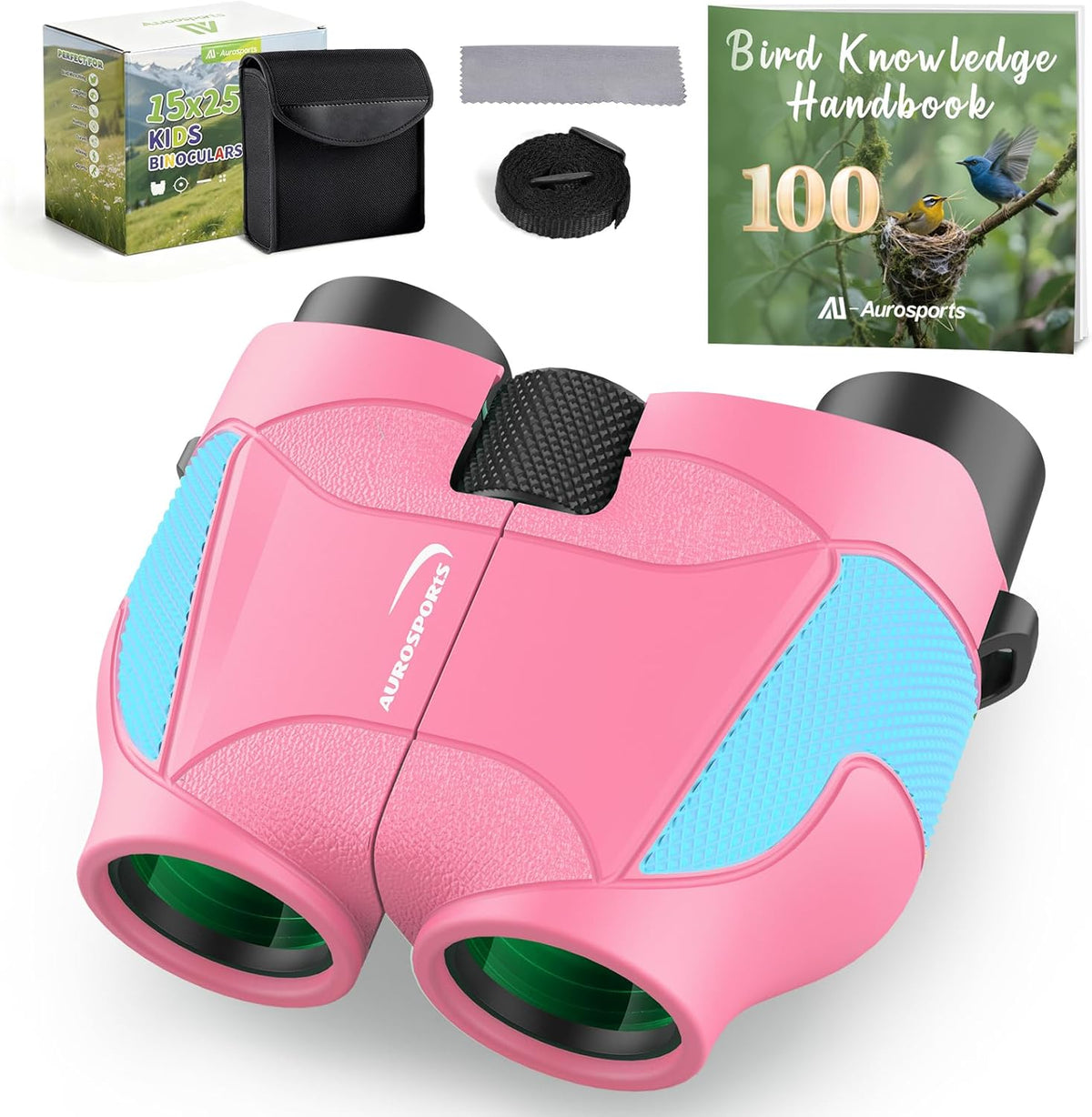 Aurosports 15x25 Compact Binoculars for Kids with Bird Guide Book, Pink