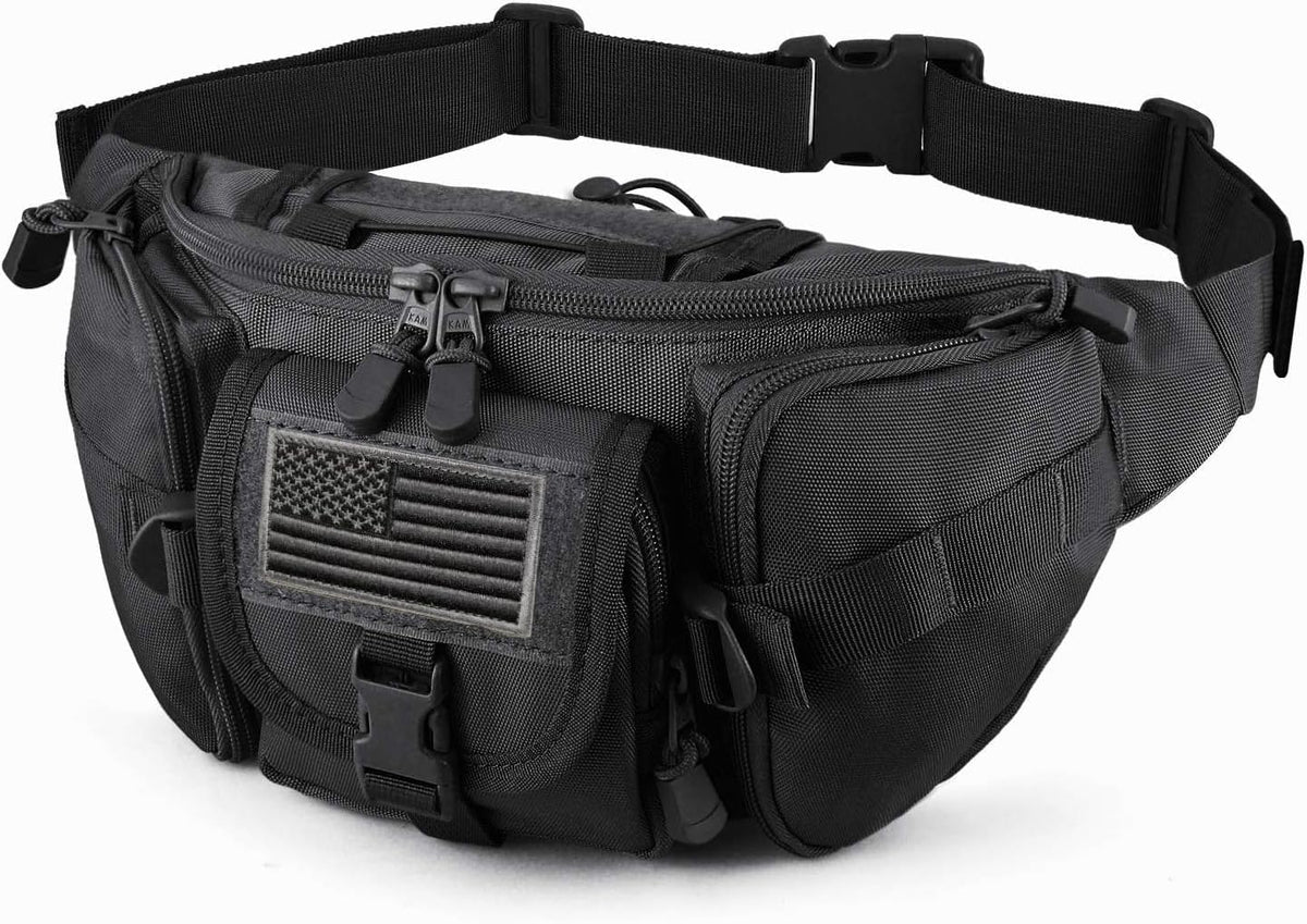 SOWHUP Tactical Fanny Pack,Military Waist Bag Pack with U.S Patch Utility Hip Belt Bumbag for Outdoor Fishing Hiking (Tan(4 Zipper Pockets))