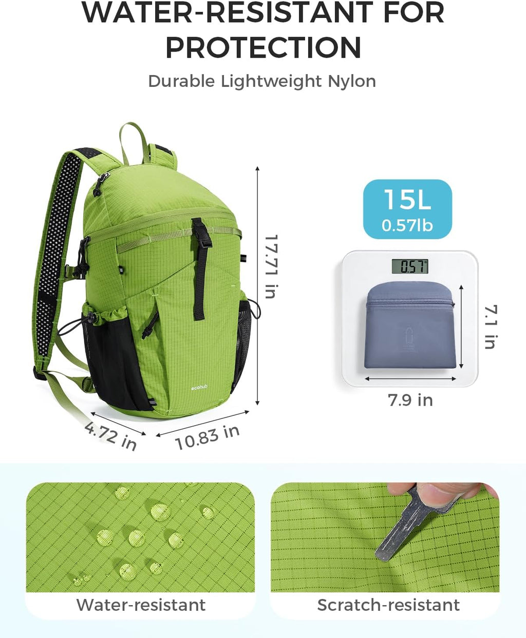 ECOHUB 15L Ultra-Lightweight Packable Backpack, Casual Daypack for Daily Use, Small Hiking & Travel, Foldable Backpack, Water-Resistant Nylon, Reflective Design