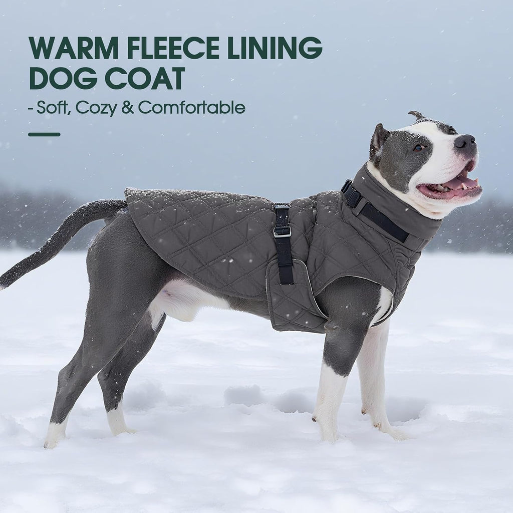 Kuoser Dog Coat Warm Fleece Lining Turtleneck Dog Jacket with Harness Built-in, Adjustable Windproof Cold Weather Coats with Quick Release Buckle Pet Winter Snowsuit for Medium Large Dogs, Grey L