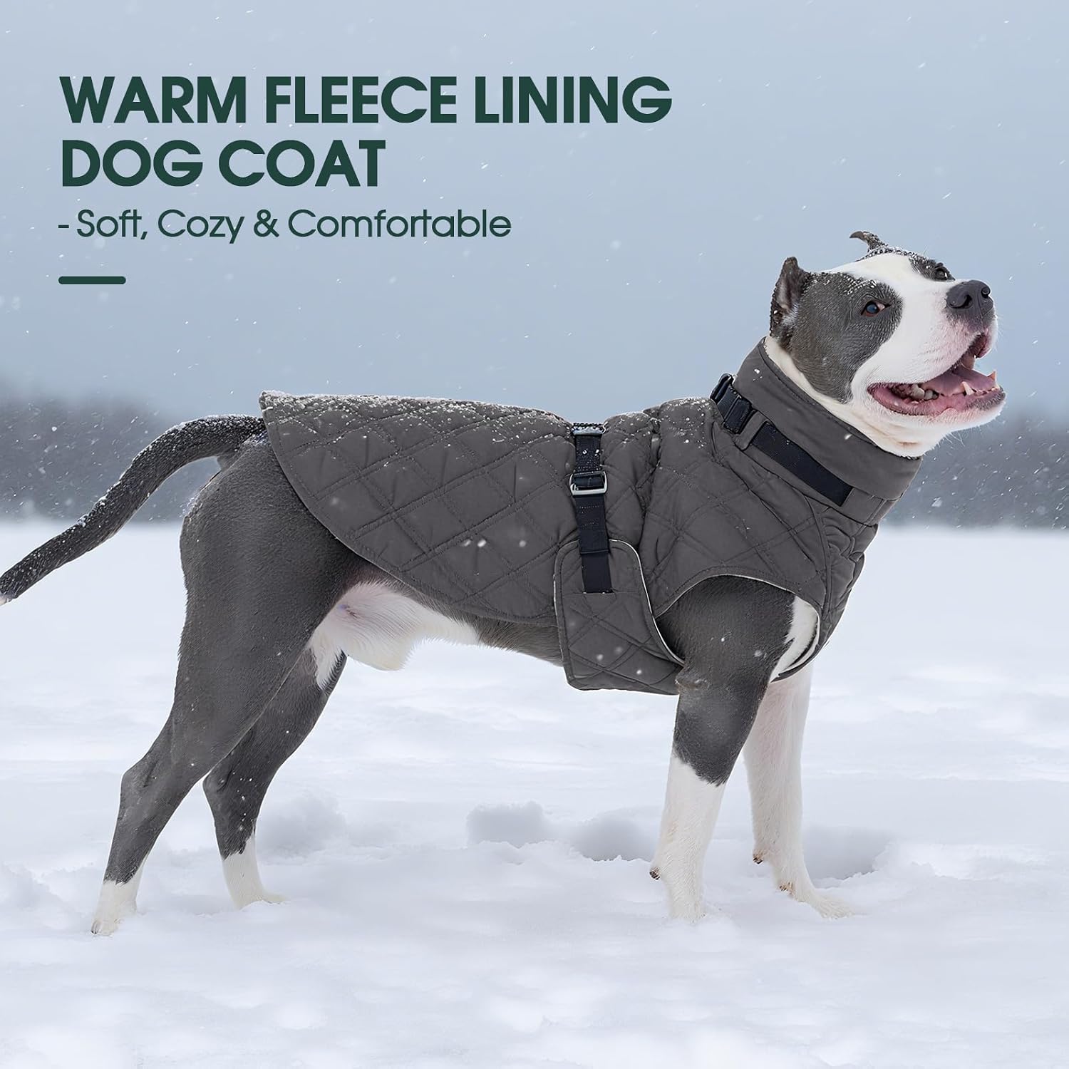 Kuoser Dog Coat Warm Fleece Lining Turtleneck Dog Jacket with Harness Built-in, Adjustable Windproof Cold Weather Coats with Quick Release Buckle Pet Winter Snowsuit for Medium Large Dogs, Grey L