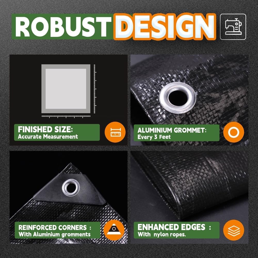 RAINDEWAY Black Tarp 9x16 Feet 8 Mil Multipurpose Waterproof Tarps
