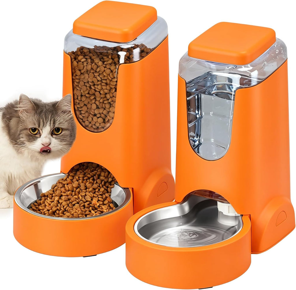 HWONMTE Portable Automatic Cat Feeder and Water Dispenser with Stainless Steel Bowl Dog Gravity Food Feeder and Waterer for Small Medium Pets Puppy Kitten 1 Gallon x 2 (Orange)