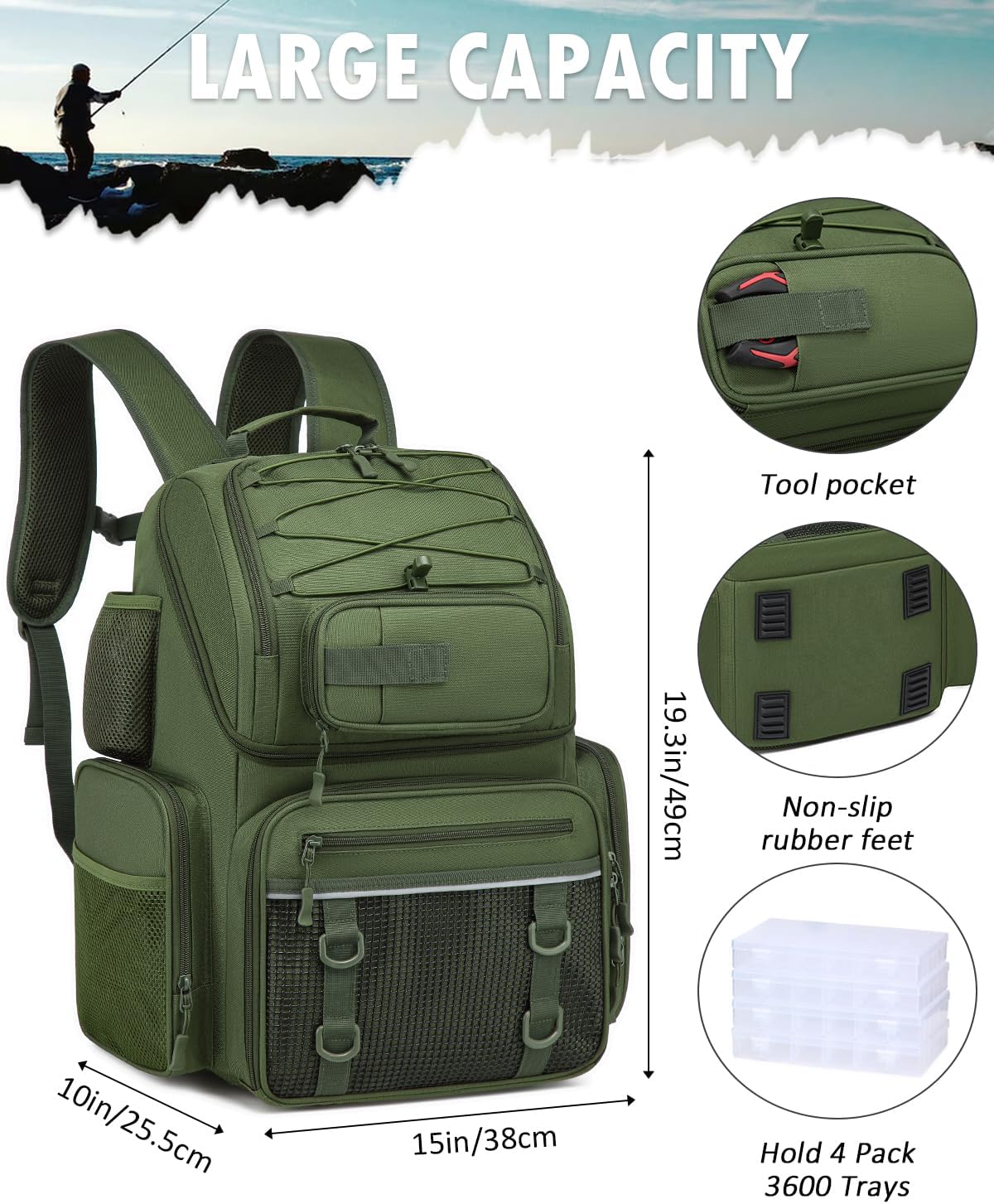 HAMBOLY 50L Fishing Backpack with Tackle Boxes, Cooler & Rod Holders