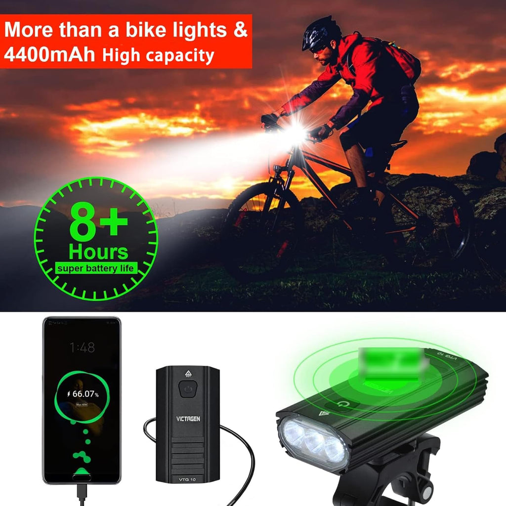 Victagen 5000 Lumens 3LED Bike Lights for Night Riding, Super Bright Front and Back Bike Headlight, USB Rechargeable, 6 Modes