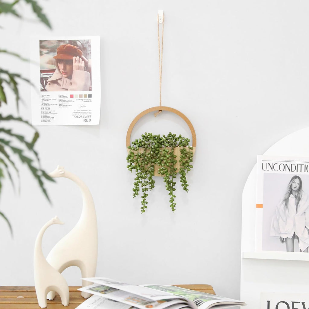 Floweroyal 2pcs Artificial Succulents Hanging Plants 12.2'' Fake String of Pearls in Pot with 8.3'' Lanyard for Indoor Outdoor Wall Decor（Wood Color）.