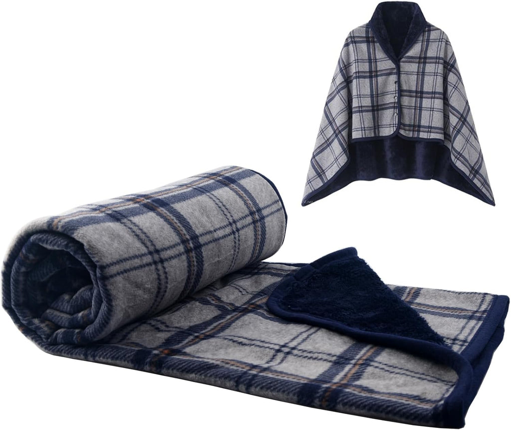 forestfish Fleece Wearable Blanket Oversized, Comfy Lightweight Lap Blanket Poncho Throw With Buttons, 63“x 55” (Navy-gray, Medium(55”x39”))