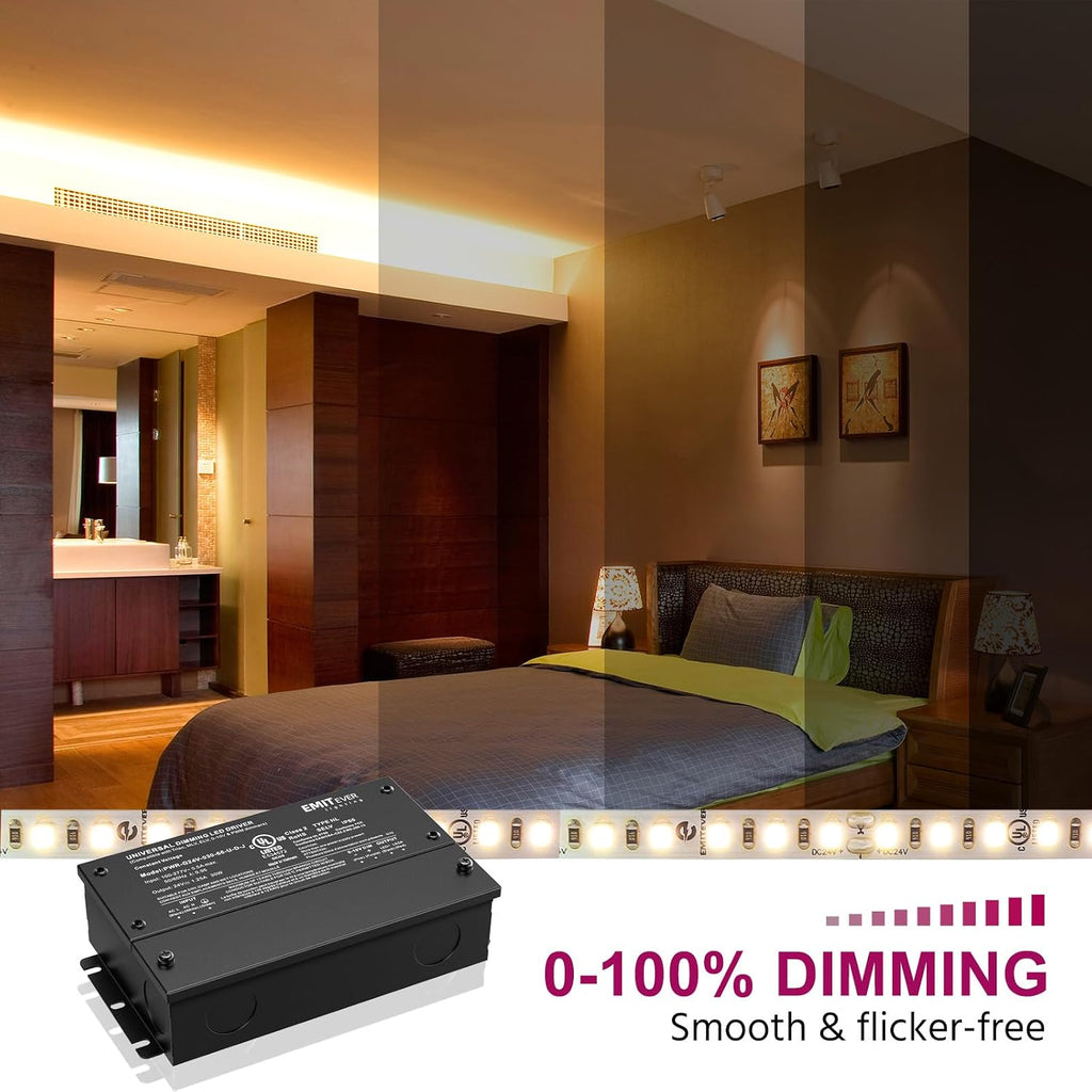 EMITEVER 30W 24V 5-in-1 Dimmable LED Driver,AC 110-277V to DC Power Supply