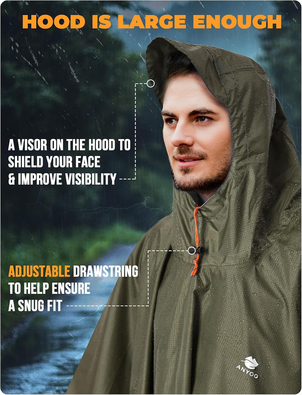 ANYOO Hooded Rain Poncho for Adult Waterproof Lightweight Raincoat