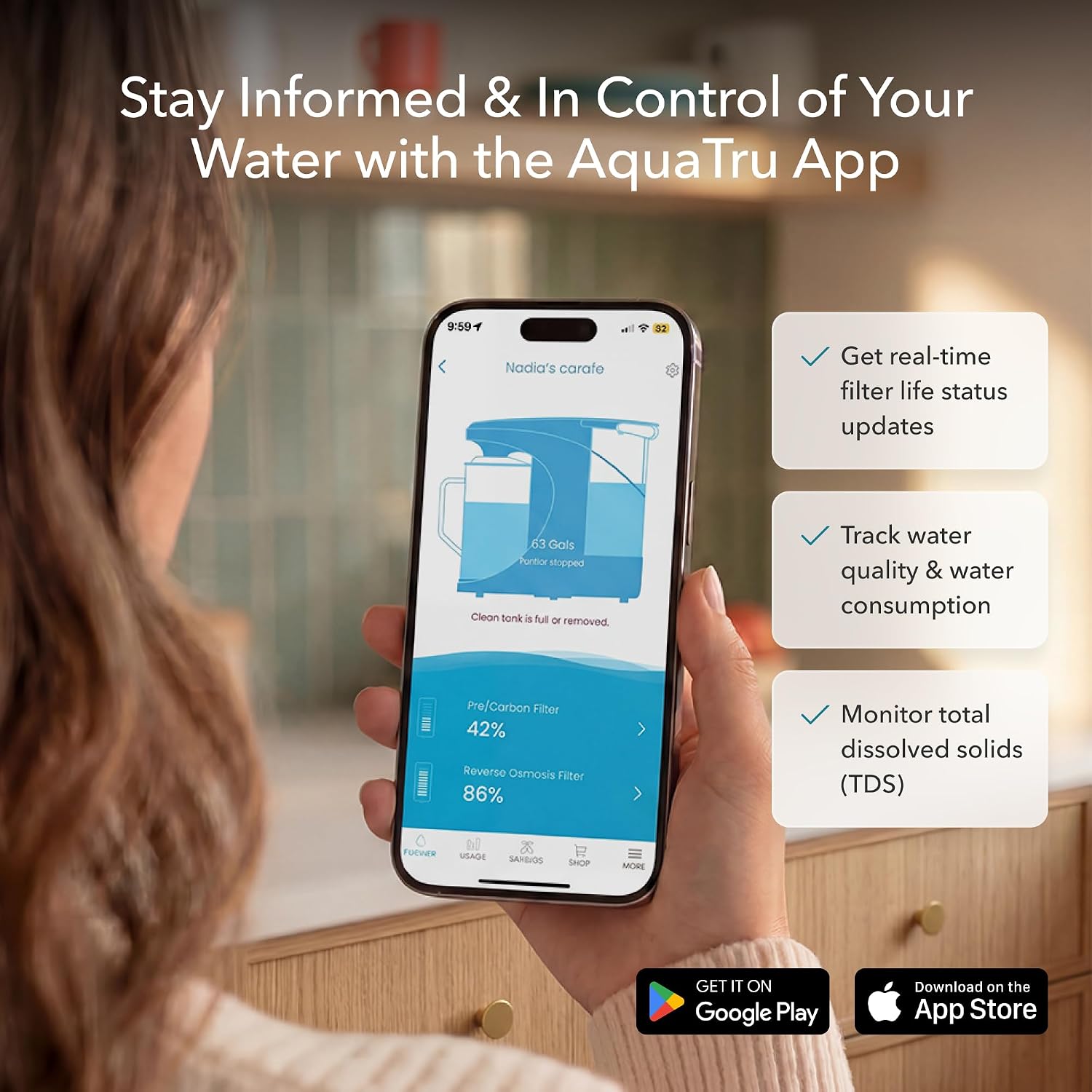 AquaTru Glass Carafe Smart Countertop Reverse Osmosis Water Purifier | WiFi Connected RO System | Removes 84 Contaminants Including PFOA + PFOS (PFAS), Lead and Microplastics | No Plumbing Required