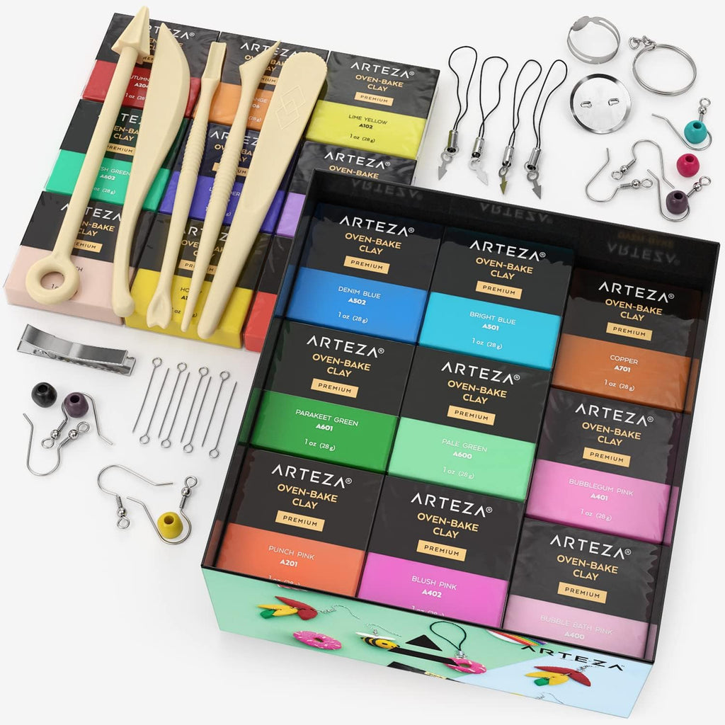 ARTEZA Polymer Clay Kit, 42 Colors with 5 Tools & Jewelry Findings, Oven-Bake Modeling Clay for Earrings, Charms, Miniatures, Jewelry & DIY Crafts